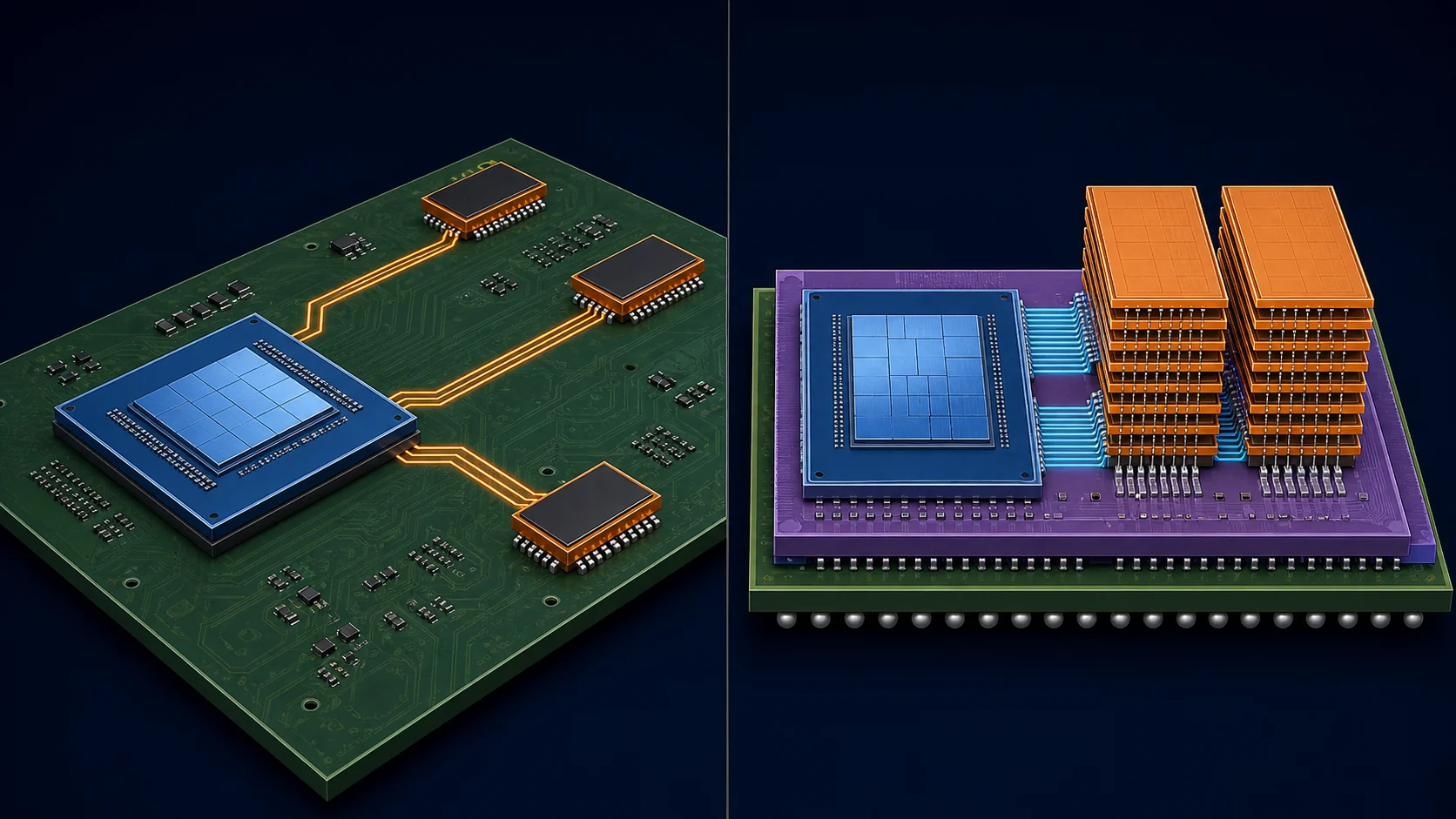 基板上の狭く長い経路と、パッケージ内の広く短いGPU・HBM経路を比較した模式図